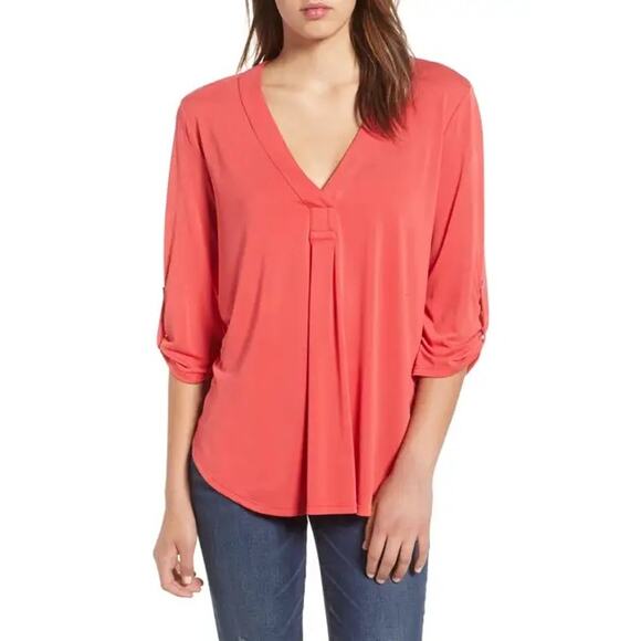 Nordstrom's Lush Cayenne Red 3/4-Sleeve Mixed Media Henley Size Large - Picture 1 of 10